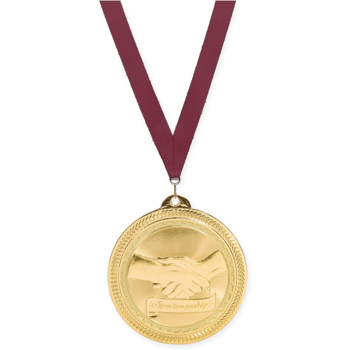 2 inch Sportsmanship Sunburst medal in bright gold with Maroon neck ribbon