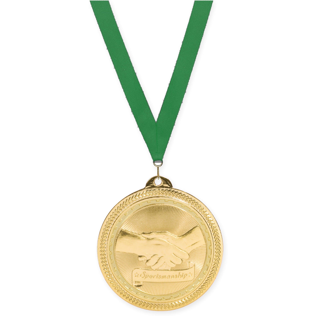 2 inch Sportsmanship Sunburst medal in bright gold with Green neck ribbon