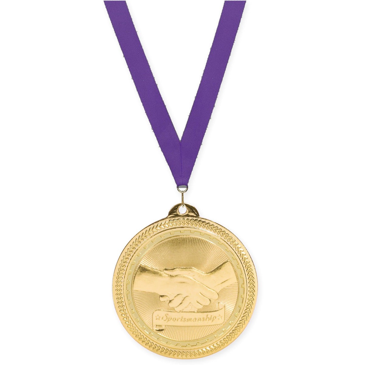 2 inch Sportsmanship Sunburst medal in bright gold with Purple neck ribbon
