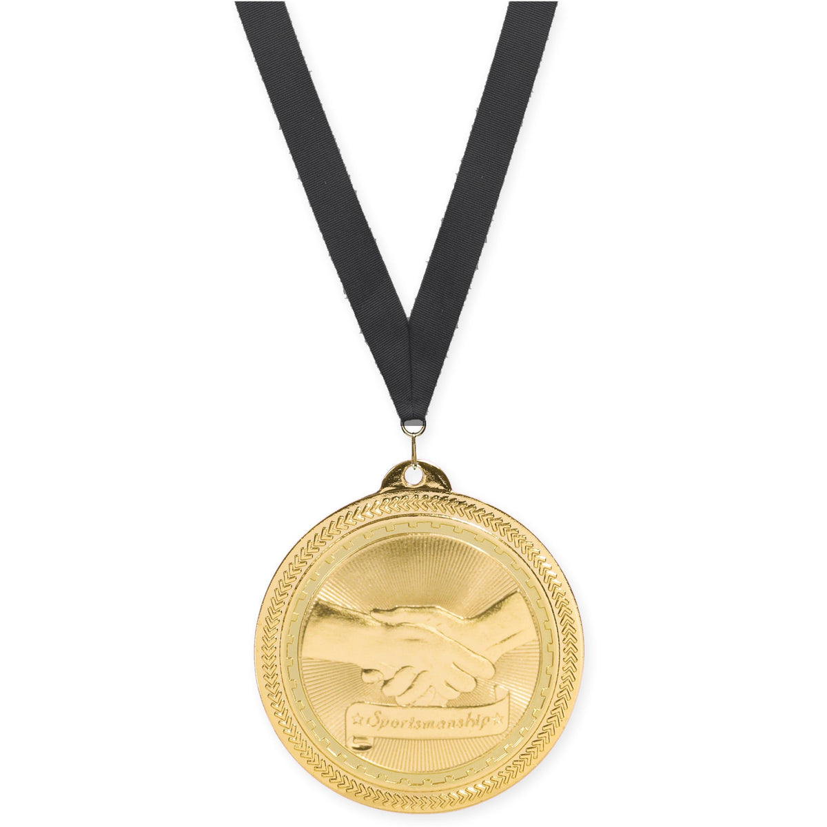 2 inch Sportsmanship Sunburst medal in bright gold with Black neck ribbon