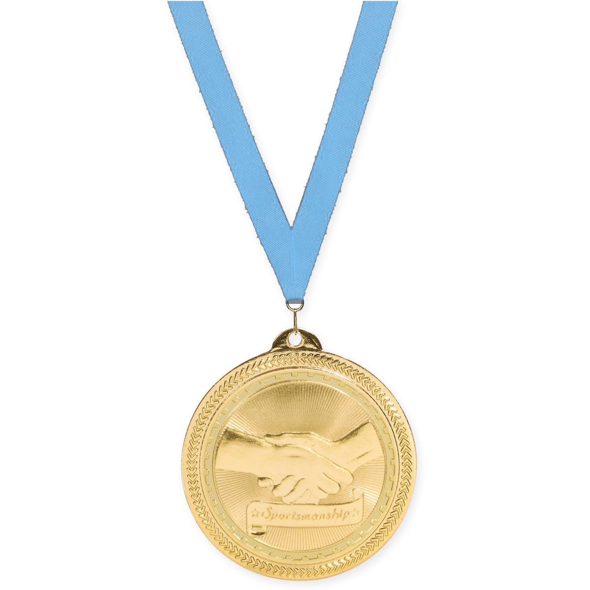 2 inch Sportsmanship Sunburst medal in bright gold with Light Blue neck ribbon