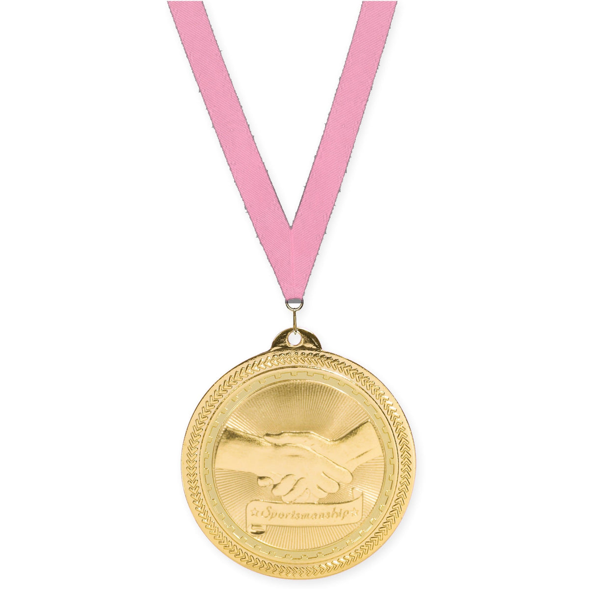 2 inch Sportsmanship Sunburst medal in bright gold with Pink neck ribbon