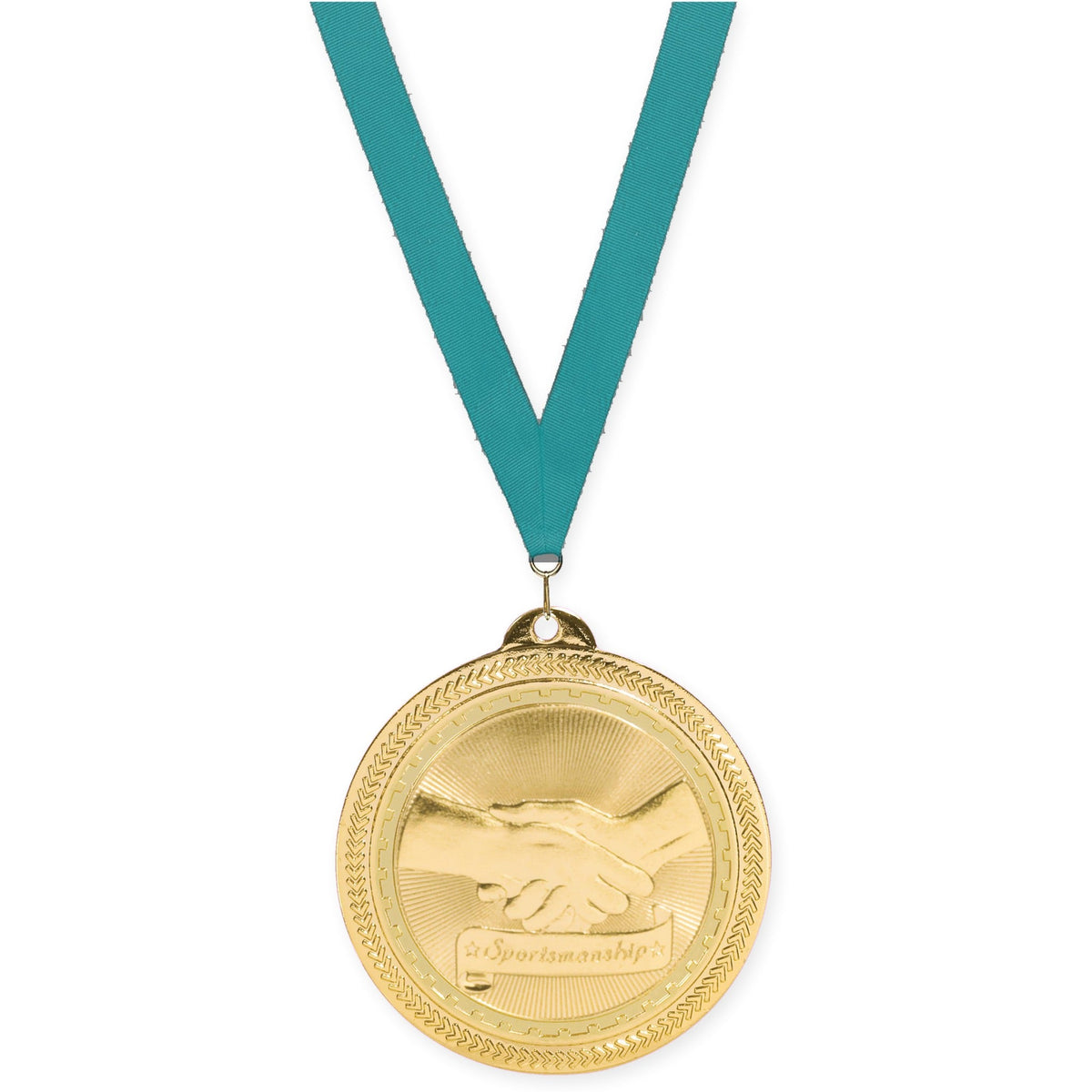 2 inch Sportsmanship Sunburst medal in bright gold with Teal neck ribbon