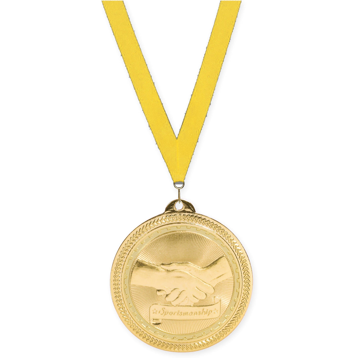 2 inch Sportsmanship Sunburst medal in bright gold with Yellow neck ribbon