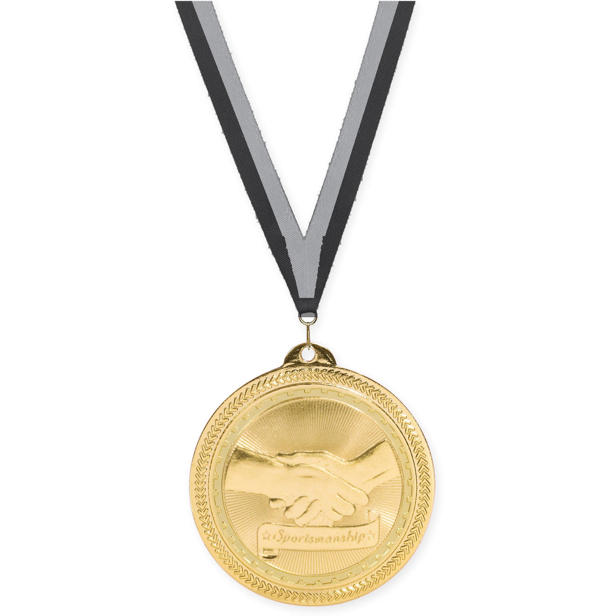 2 inch Sportsmanship Sunburst medal in bright gold with Black Gray neck ribbon