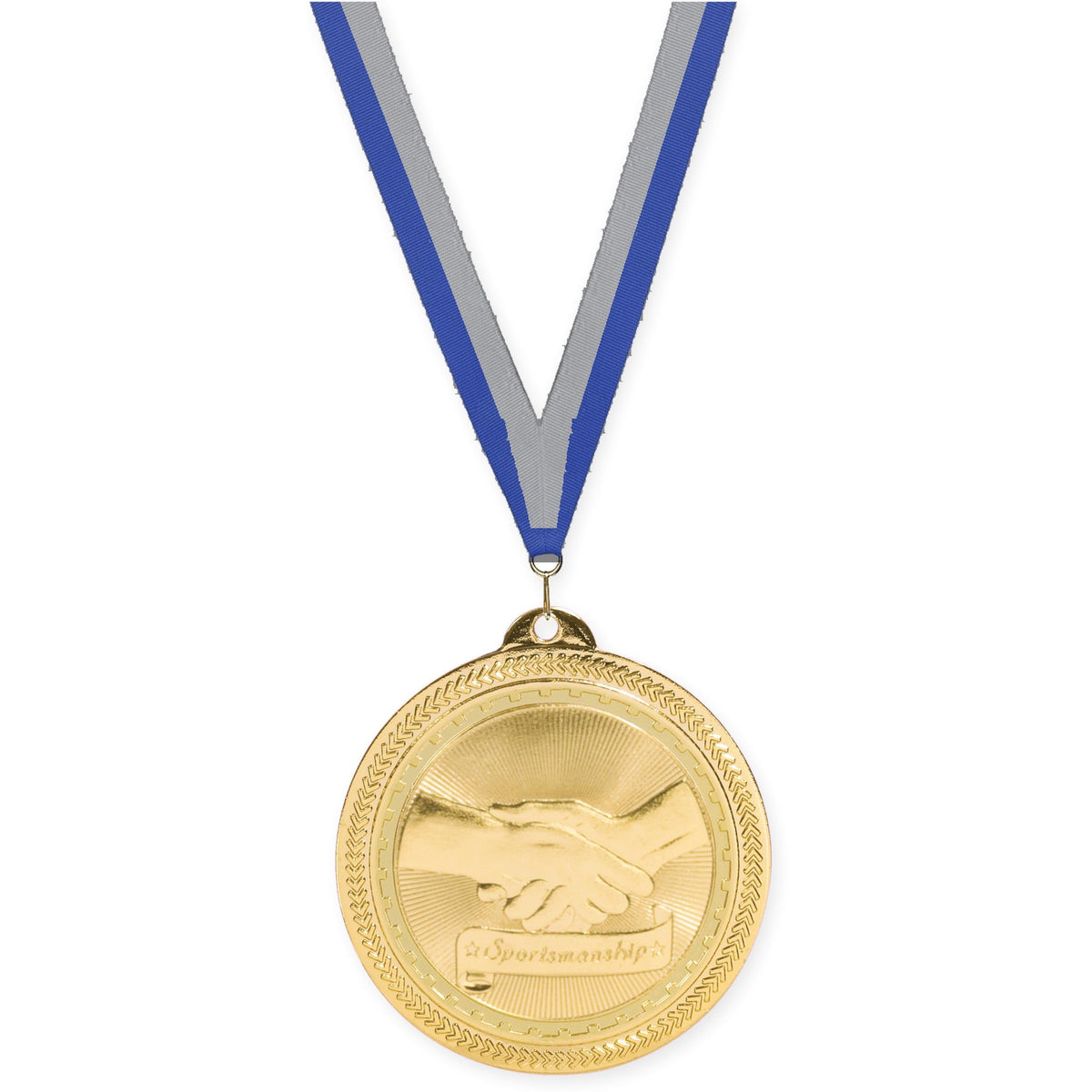 2 inch Sportsmanship Sunburst medal in bright gold with Blue Gray neck ribbon