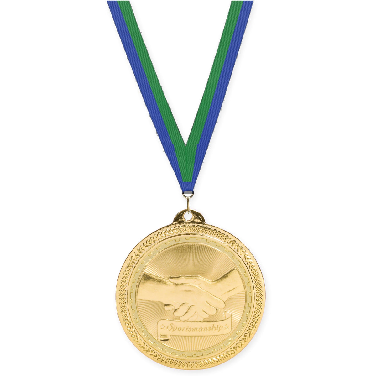 2 inch Sportsmanship Sunburst medal in bright gold with Blue Green neck ribbon