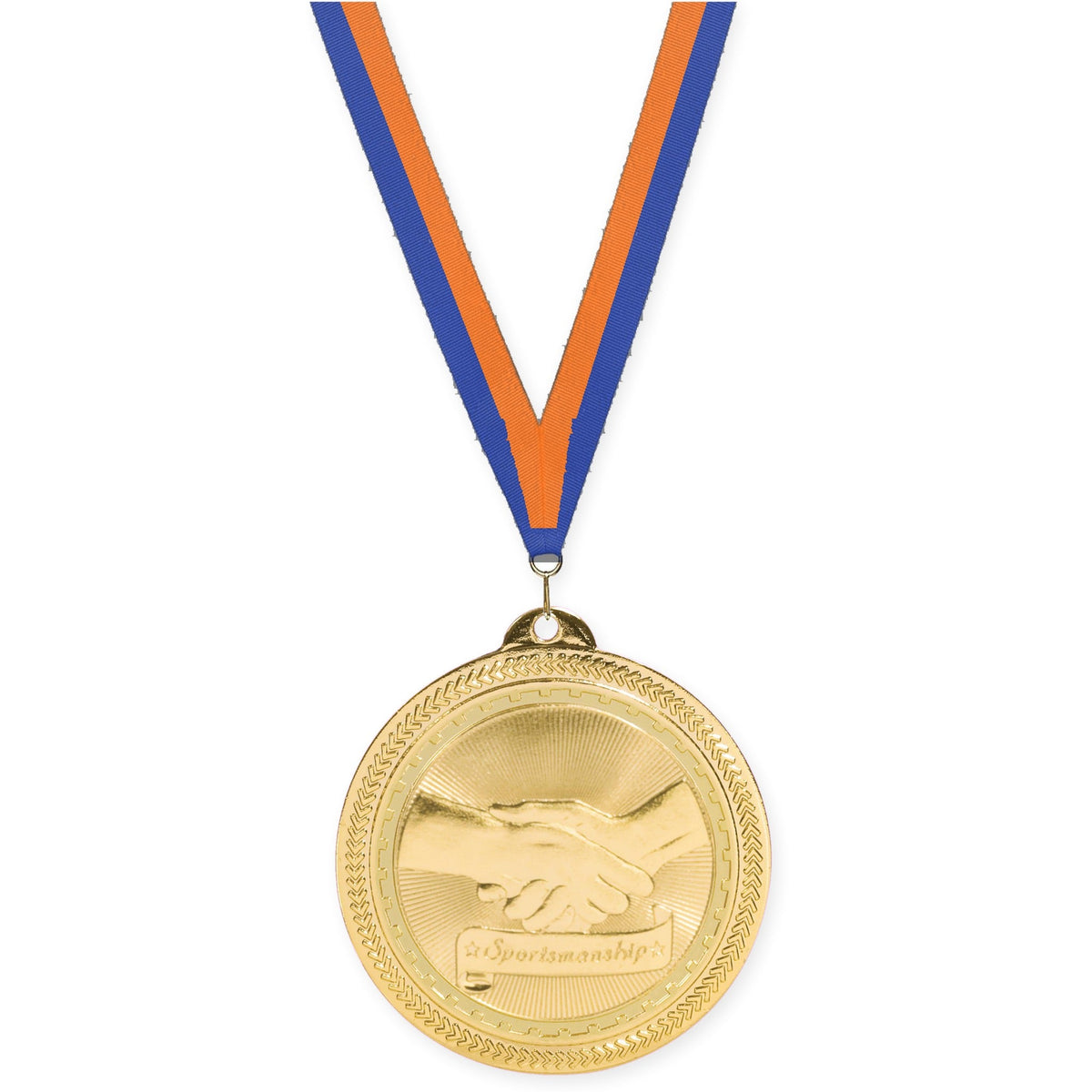2 inch Sportsmanship Sunburst medal in bright gold with Blue Orange neck ribbon