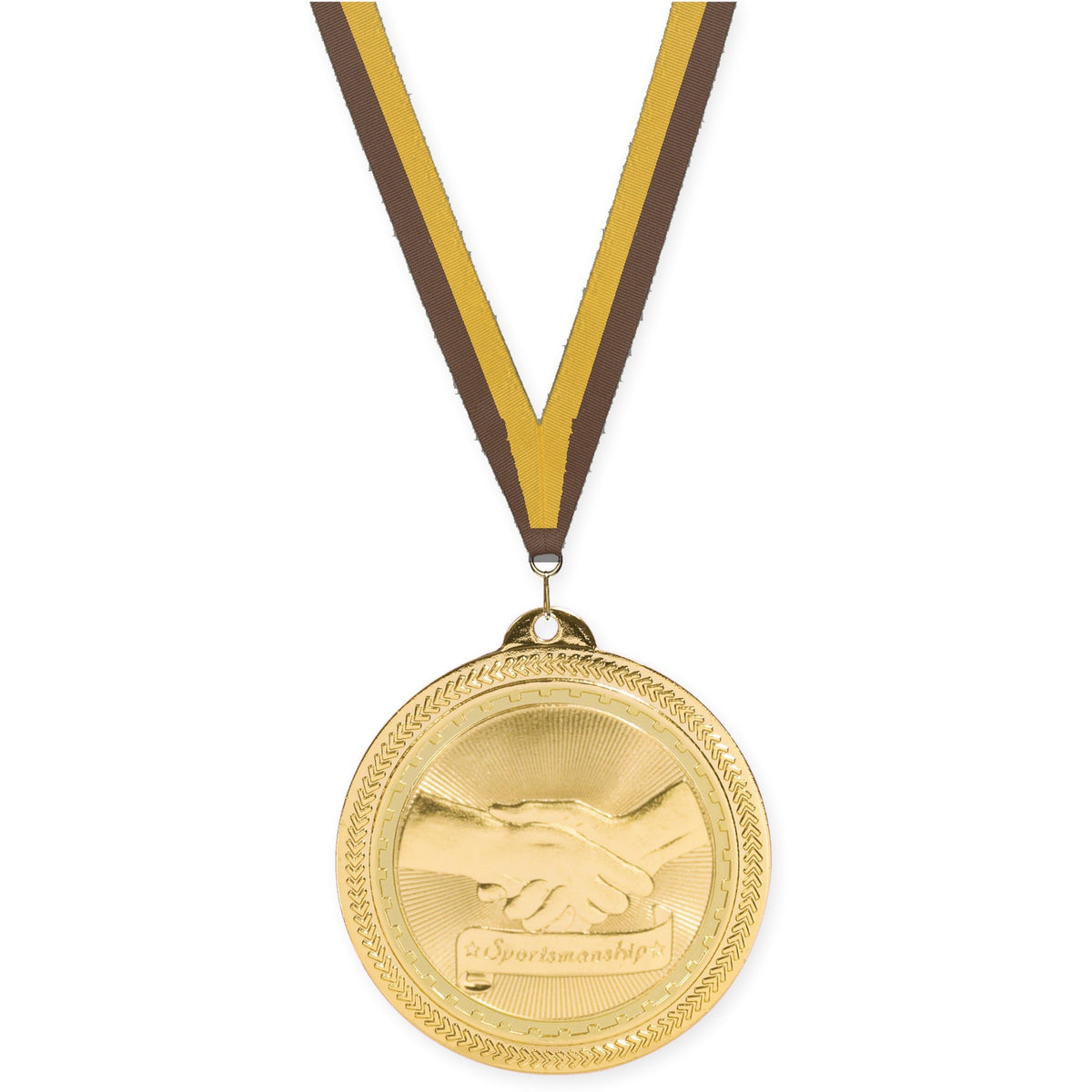 2 inch Sportsmanship Sunburst medal in bright gold with Brown Gold neck ribbon