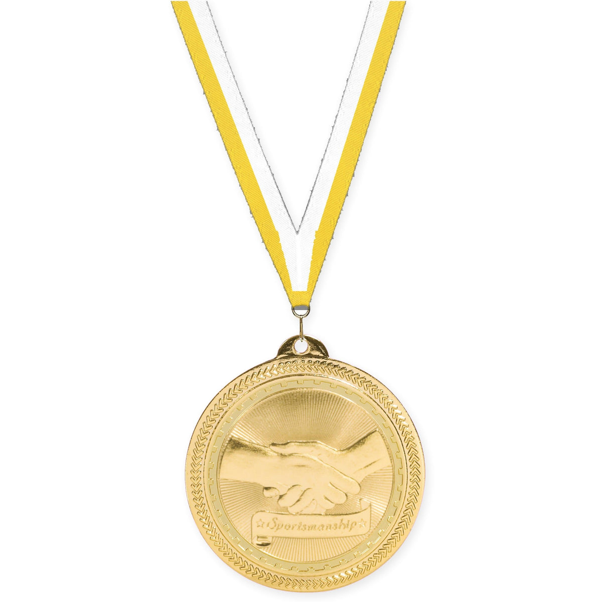 2 inch Sportsmanship Sunburst medal in bright gold with Yellow White neck ribbon