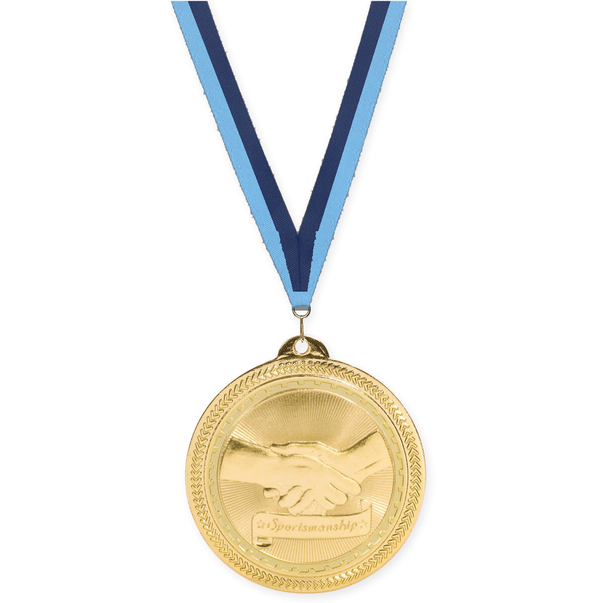 2 inch Sportsmanship Sunburst medal in bright gold with Light Blue Navy neck ribbon