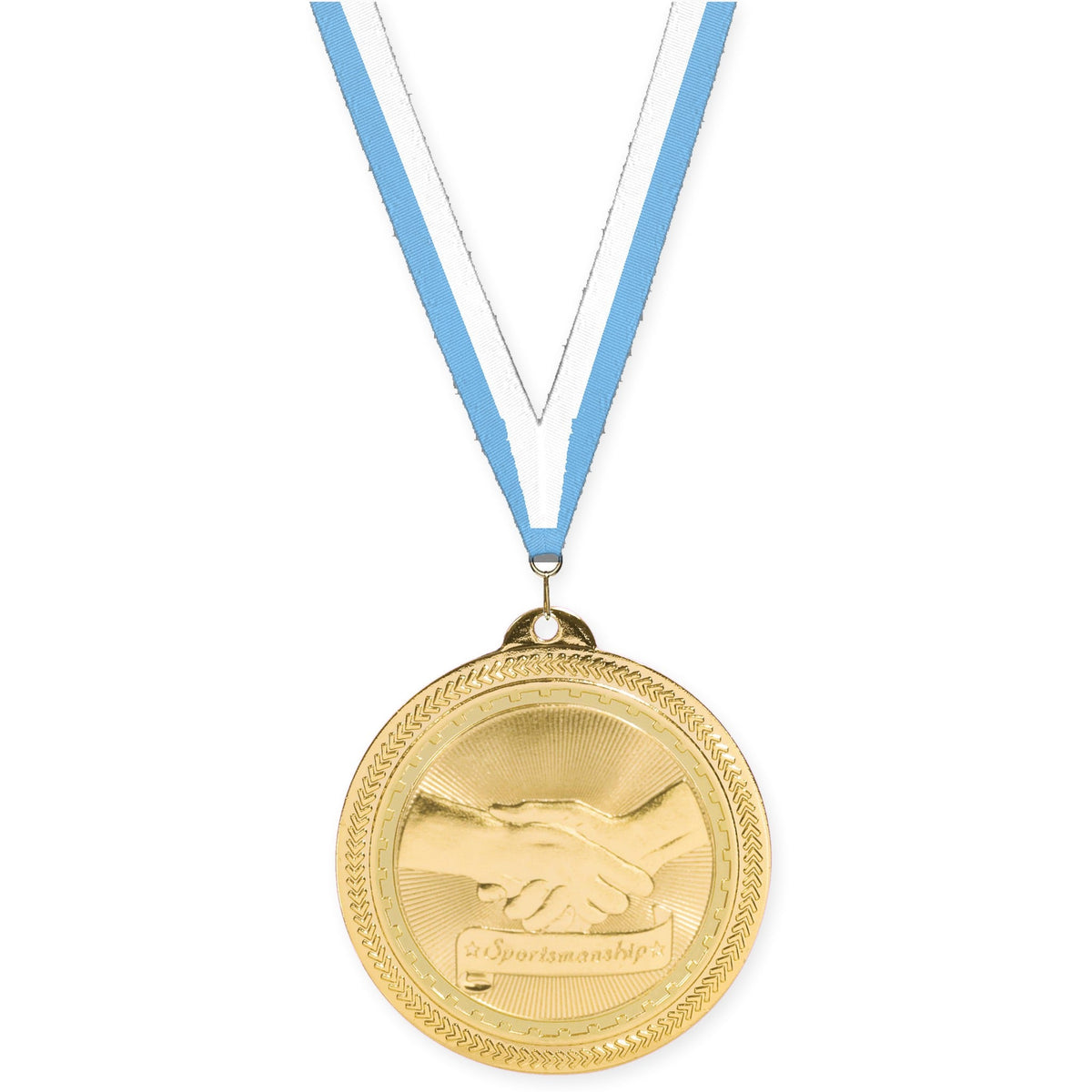 2 inch Sportsmanship Sunburst medal in bright gold with Light Blue White neck ribbon