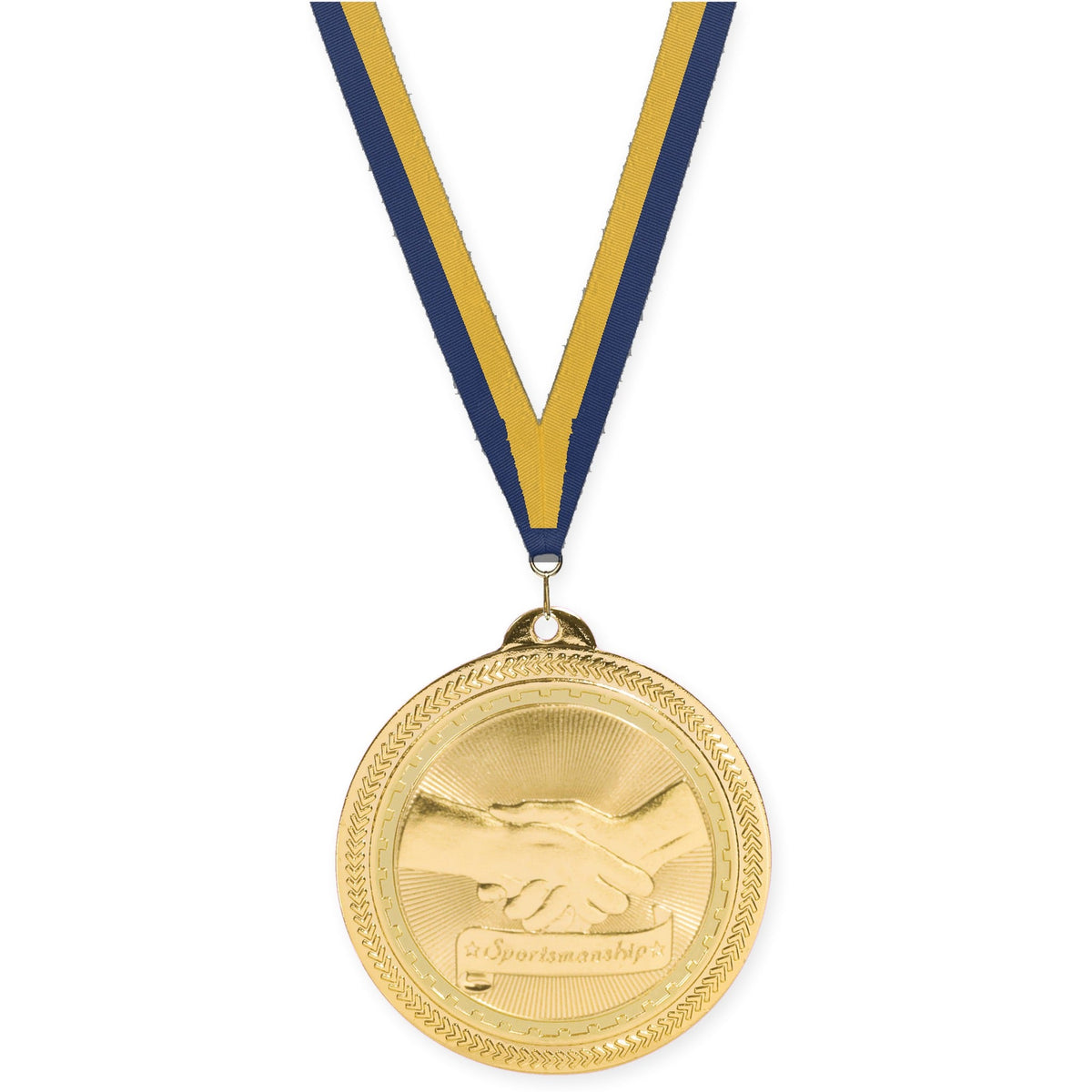 2 inch Sportsmanship Sunburst medal in bright gold with Navy Gold neck ribbon