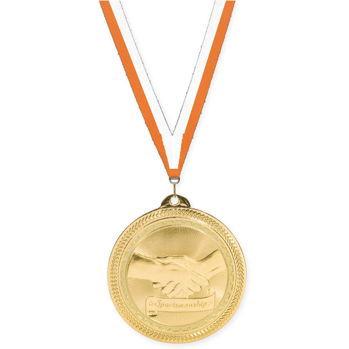 2 inch Sportsmanship Sunburst medal in bright gold with Orange White neck ribbon