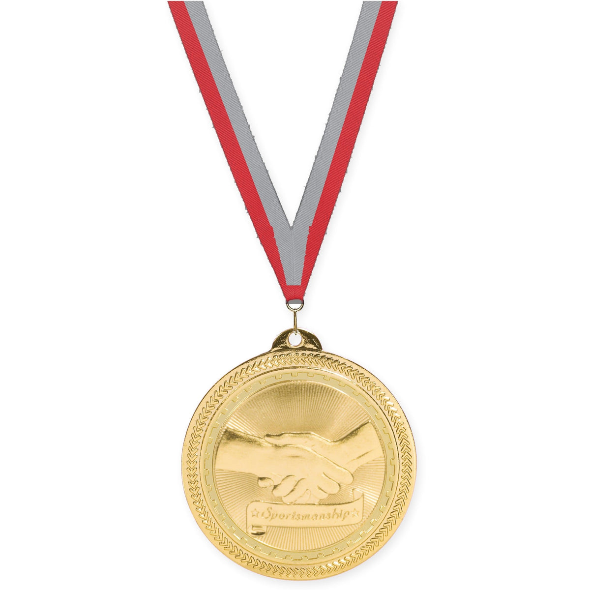 2 inch Sportsmanship Sunburst medal in bright gold with Red Gray neck ribbon