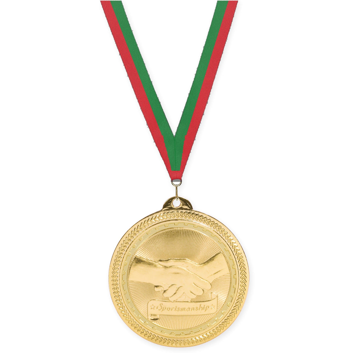 2 inch Sportsmanship Sunburst medal in bright gold with Red Green neck ribbon