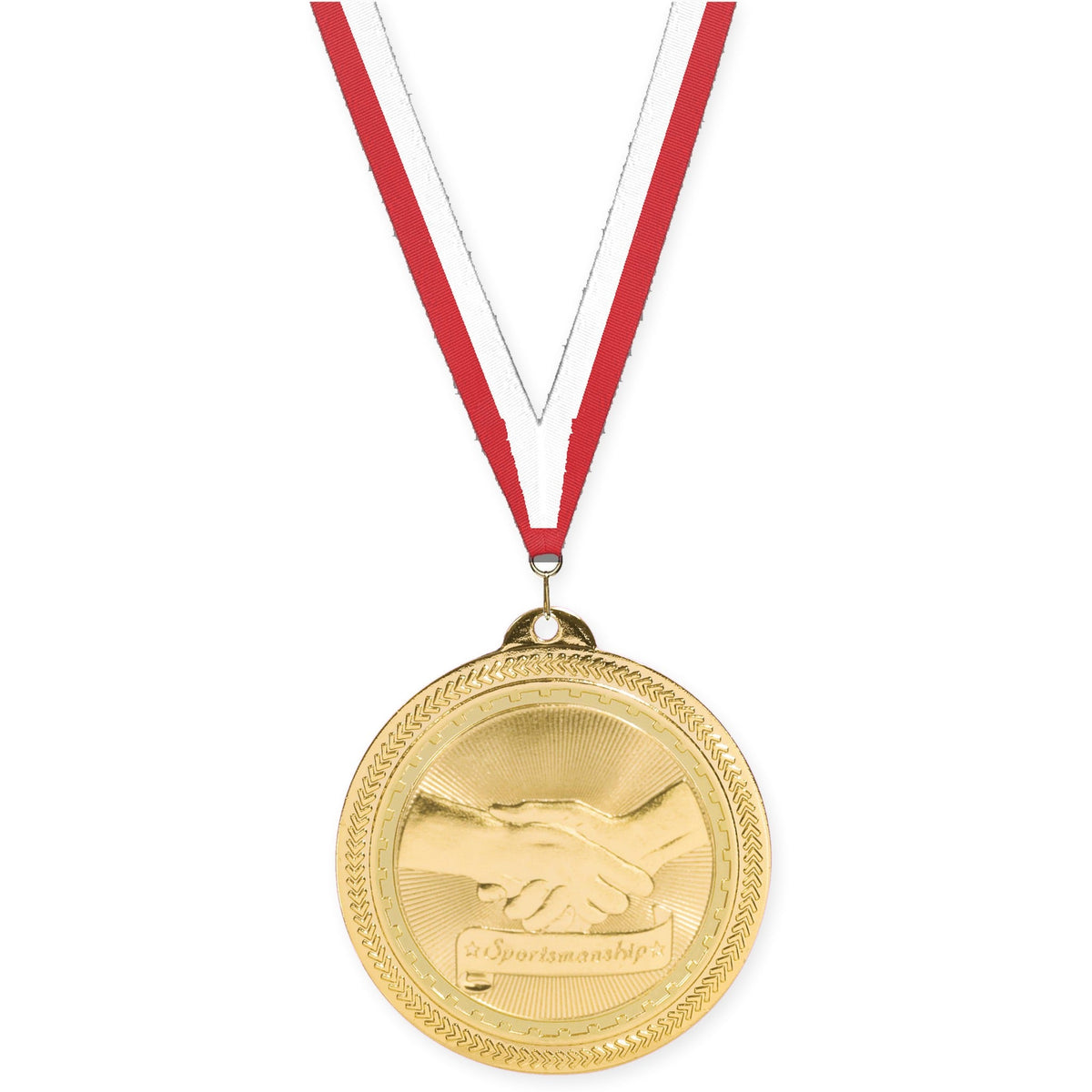 2 inch Sportsmanship Sunburst medal in bright gold with Red White neck ribbon