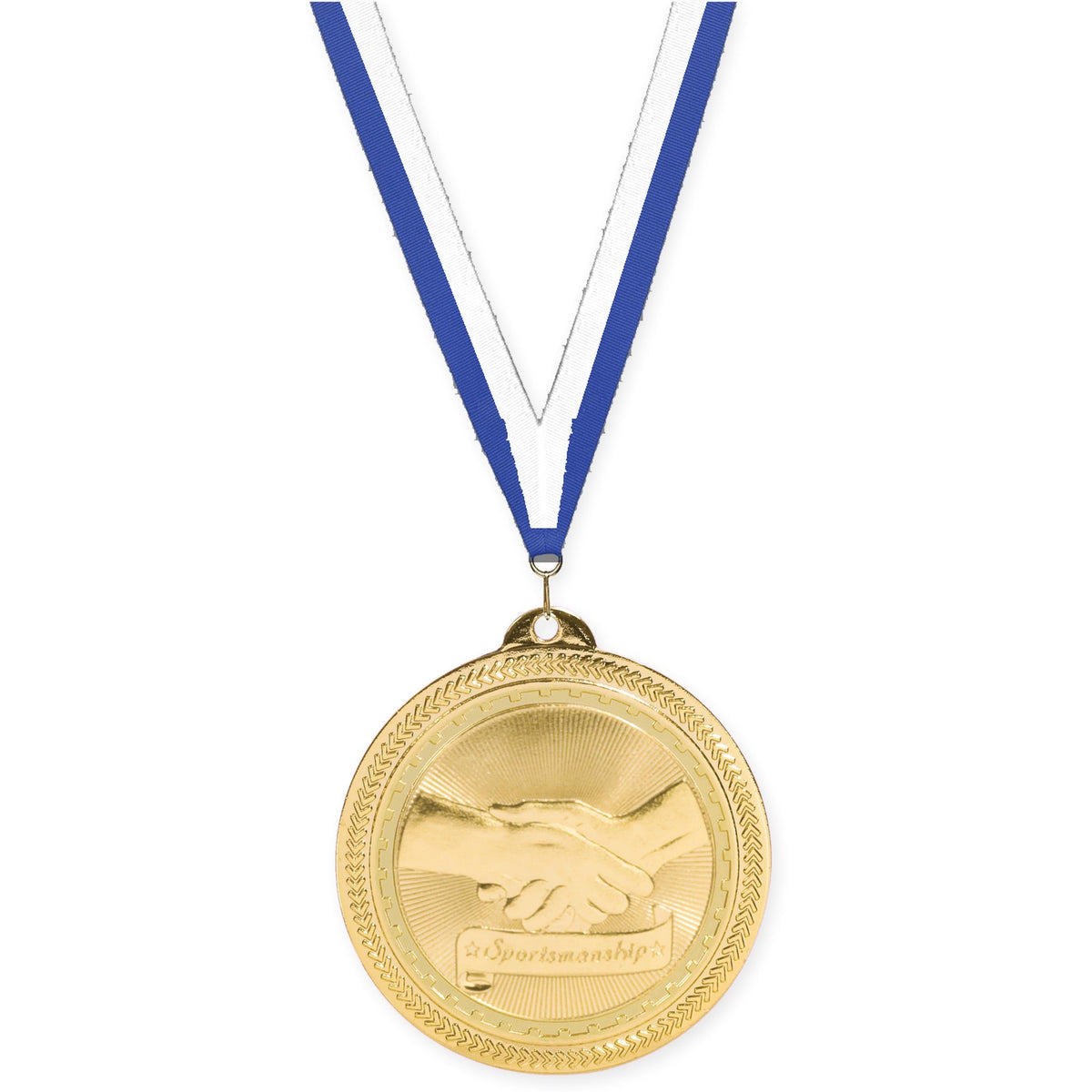 2 inch Sportsmanship Sunburst medal in bright gold with Blue White neck ribbon