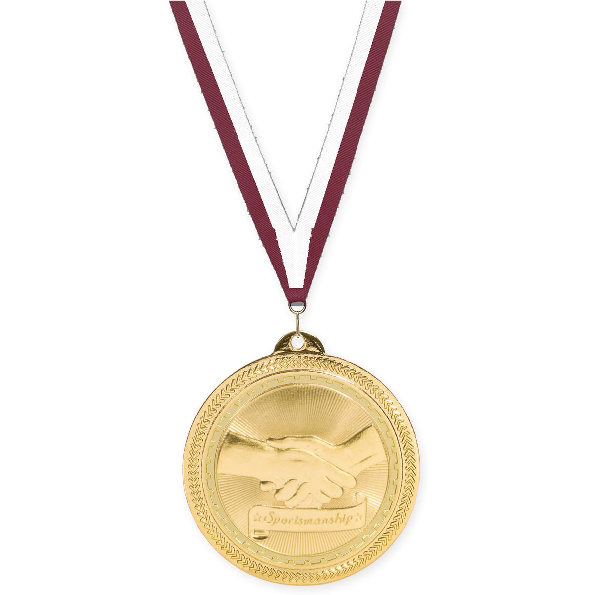 2 inch Sportsmanship Sunburst medal in bright gold with Maroon White neck ribbon