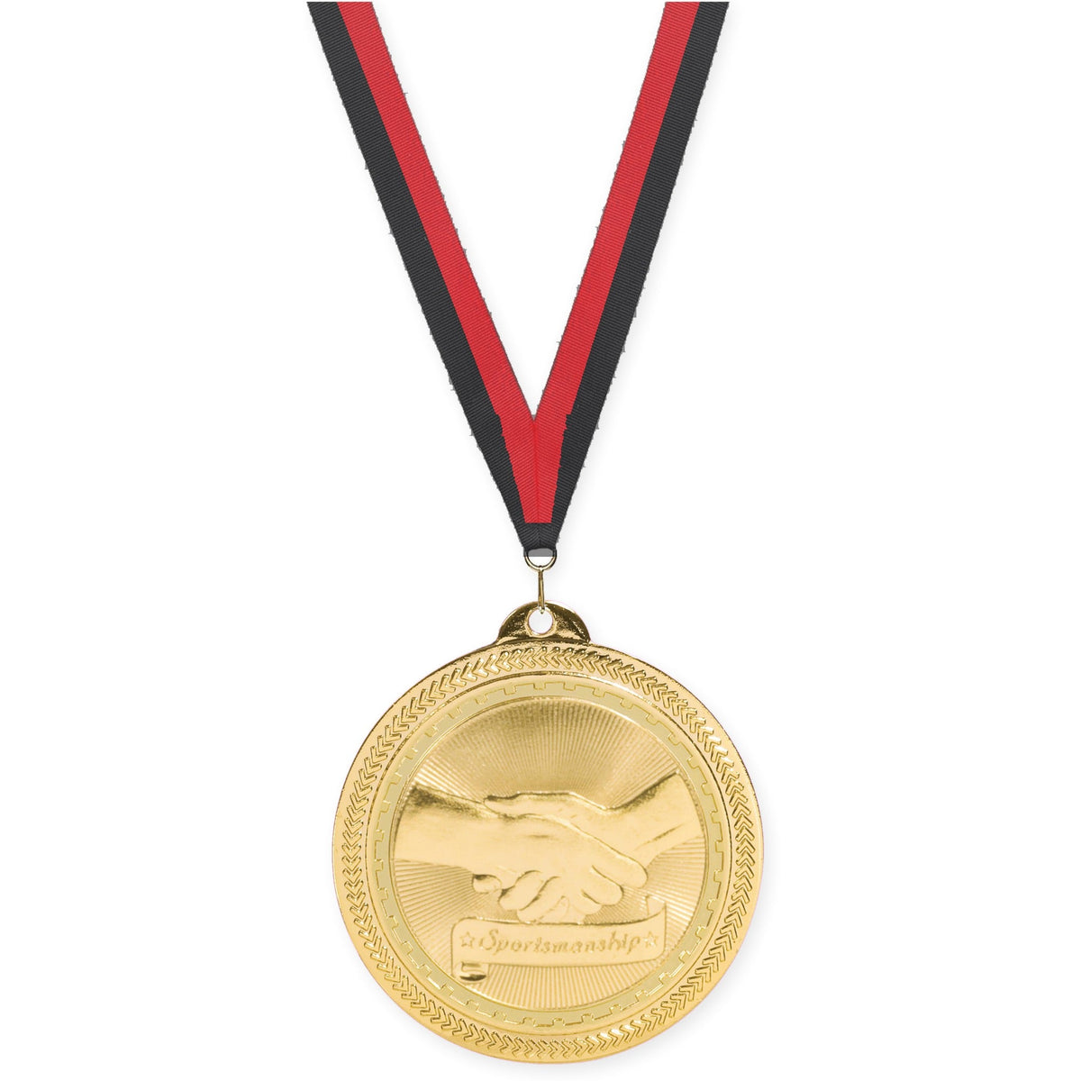 2 inch Sportsmanship Sunburst medal in bright gold with Black Red neck ribbon