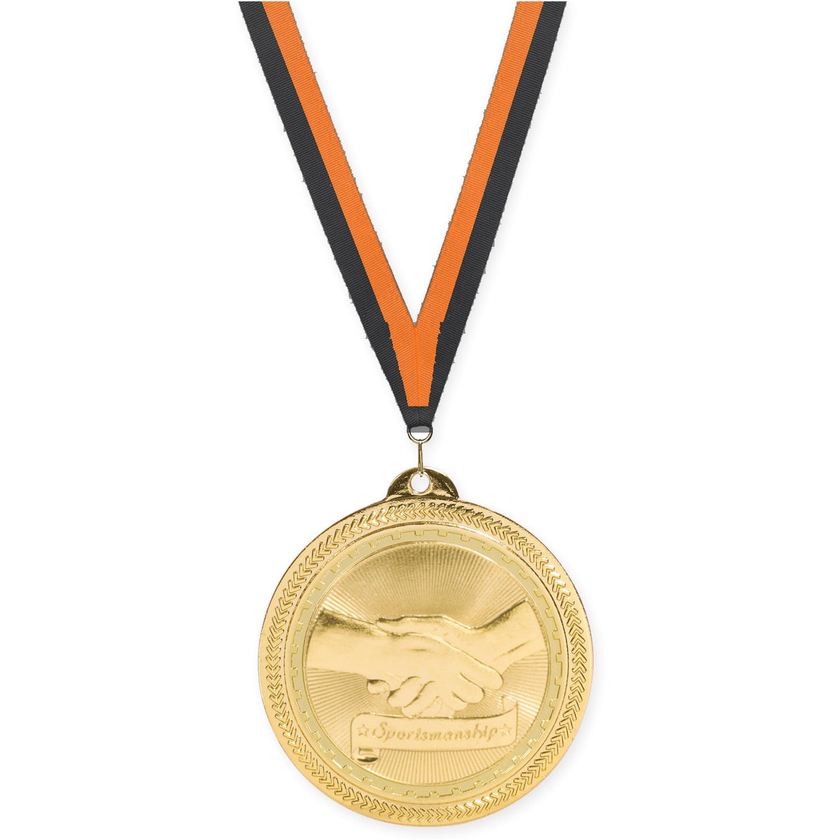 2 inch Sportsmanship Sunburst medal in bright gold with Black Orange neck ribbon