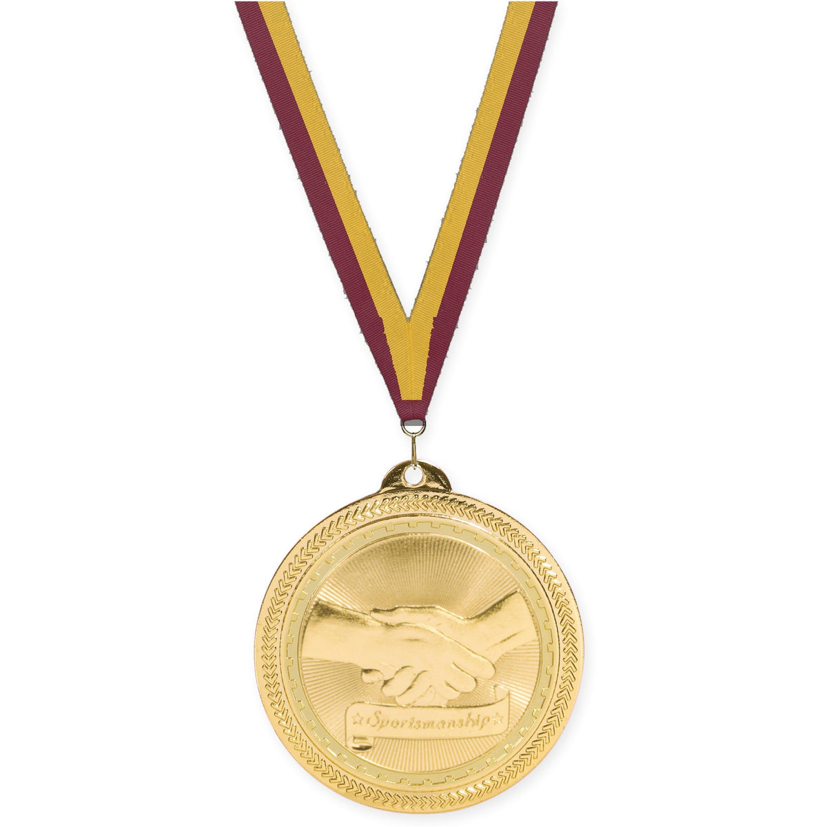 2 inch Sportsmanship Sunburst medal in bright gold with Maroon Gold neck ribbon