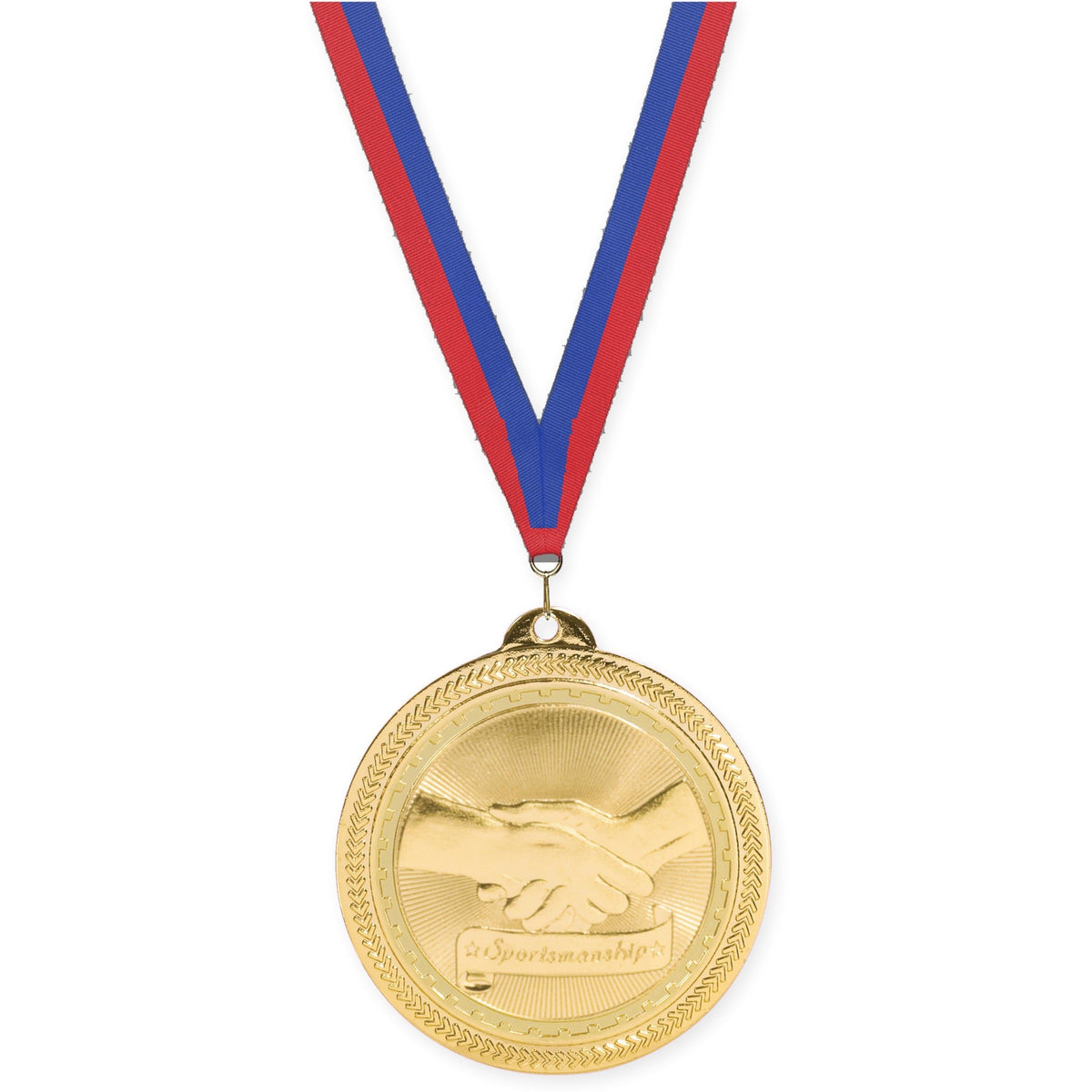 2 inch Sportsmanship Sunburst medal in bright gold with Blue Red neck ribbon