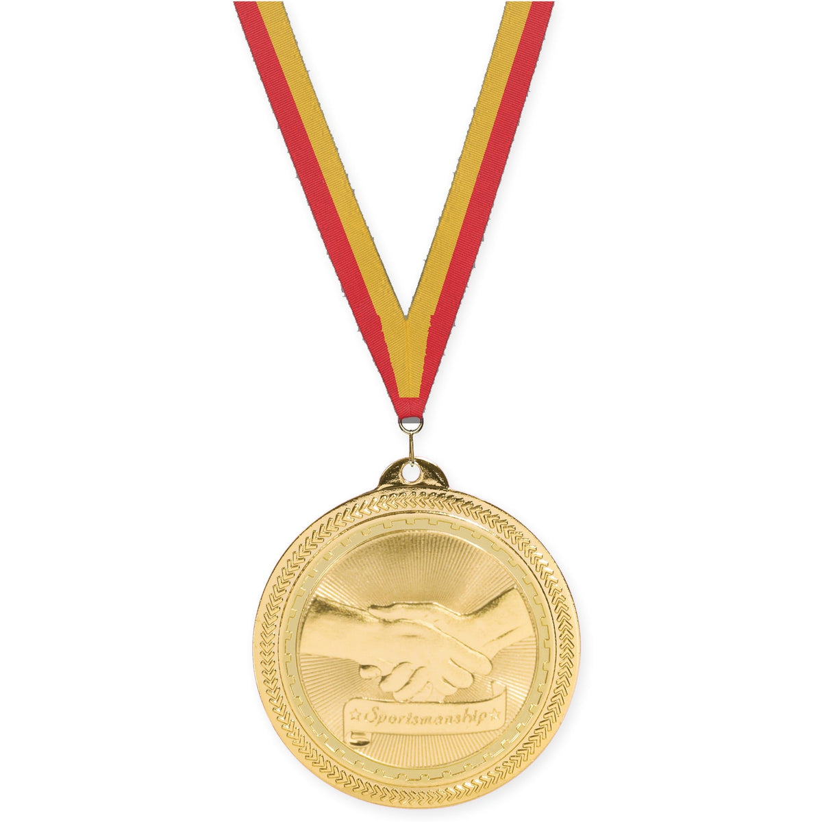 2 inch Sportsmanship Sunburst medal in bright gold with Red Gold neck ribbon