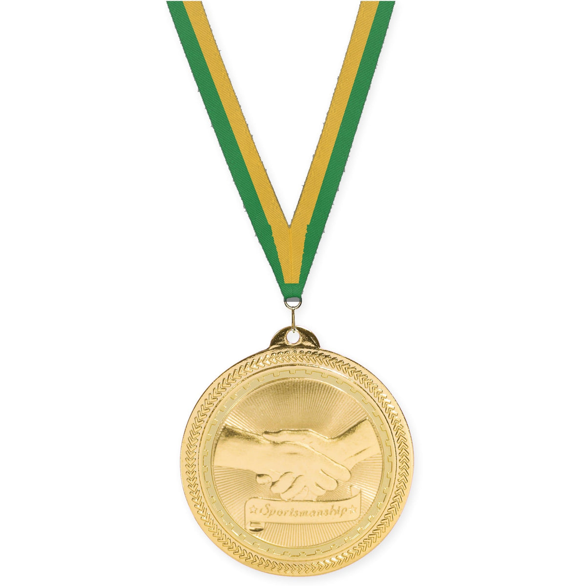 2 inch Sportsmanship Sunburst medal in bright gold with Green Gold neck ribbon