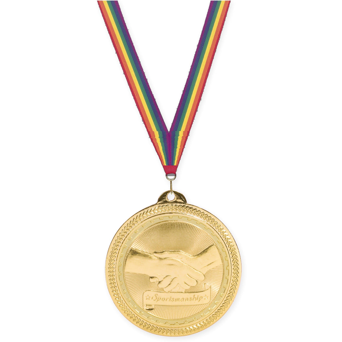 2 inch Sportsmanship Sunburst medal in bright gold with Rainbow neck ribbon