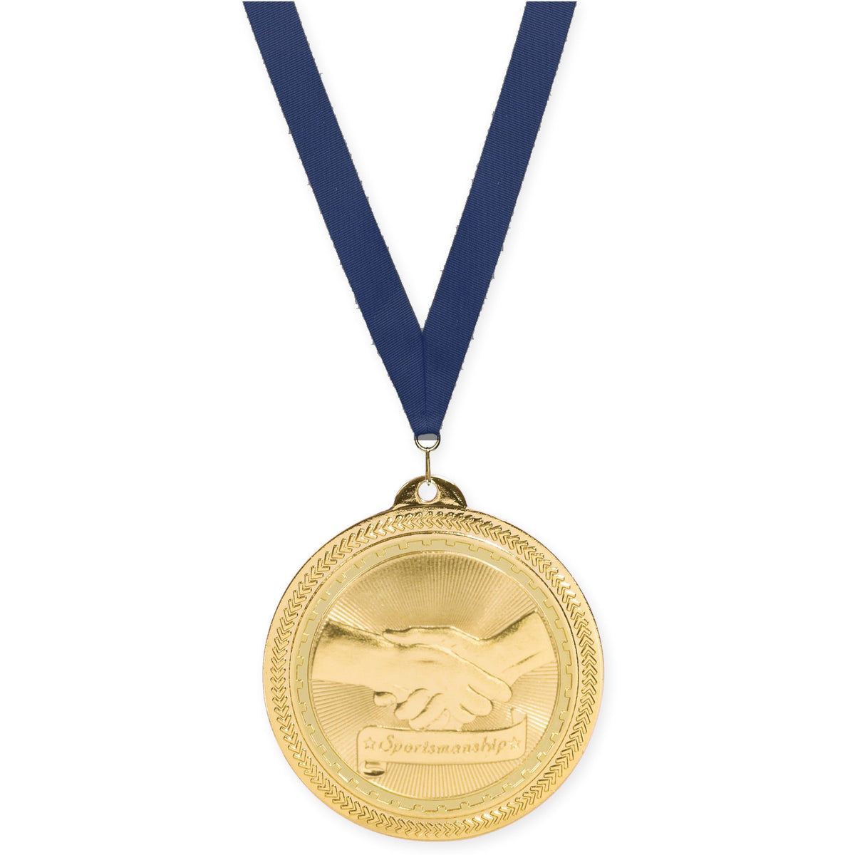2 inch Sportsmanship Sunburst medal in bright gold with Navy neck ribbon