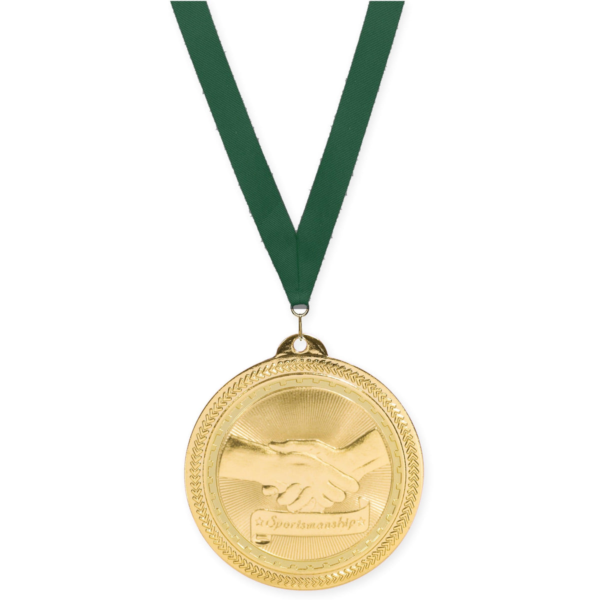 2 inch Sportsmanship Sunburst medal in bright gold with Hunter Green neck ribbon