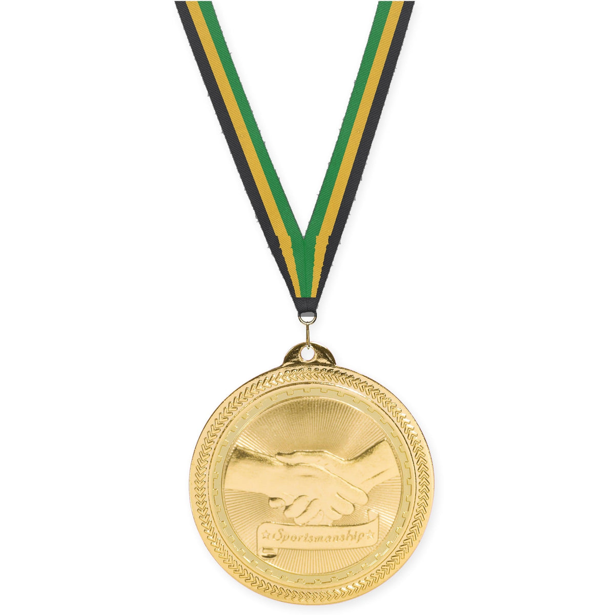 2 inch Sportsmanship Sunburst medal in bright gold with Black Gold Green neck ribbon