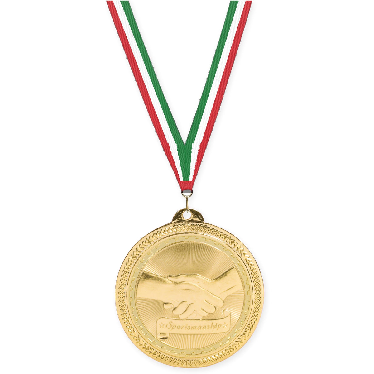 2 inch Sportsmanship Sunburst medal in bright gold with Red White Green neck ribbon