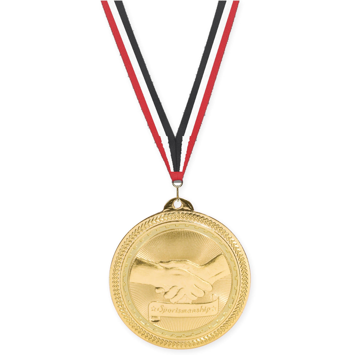 2 inch Sportsmanship Sunburst medal in bright gold with Red White Black neck ribbon