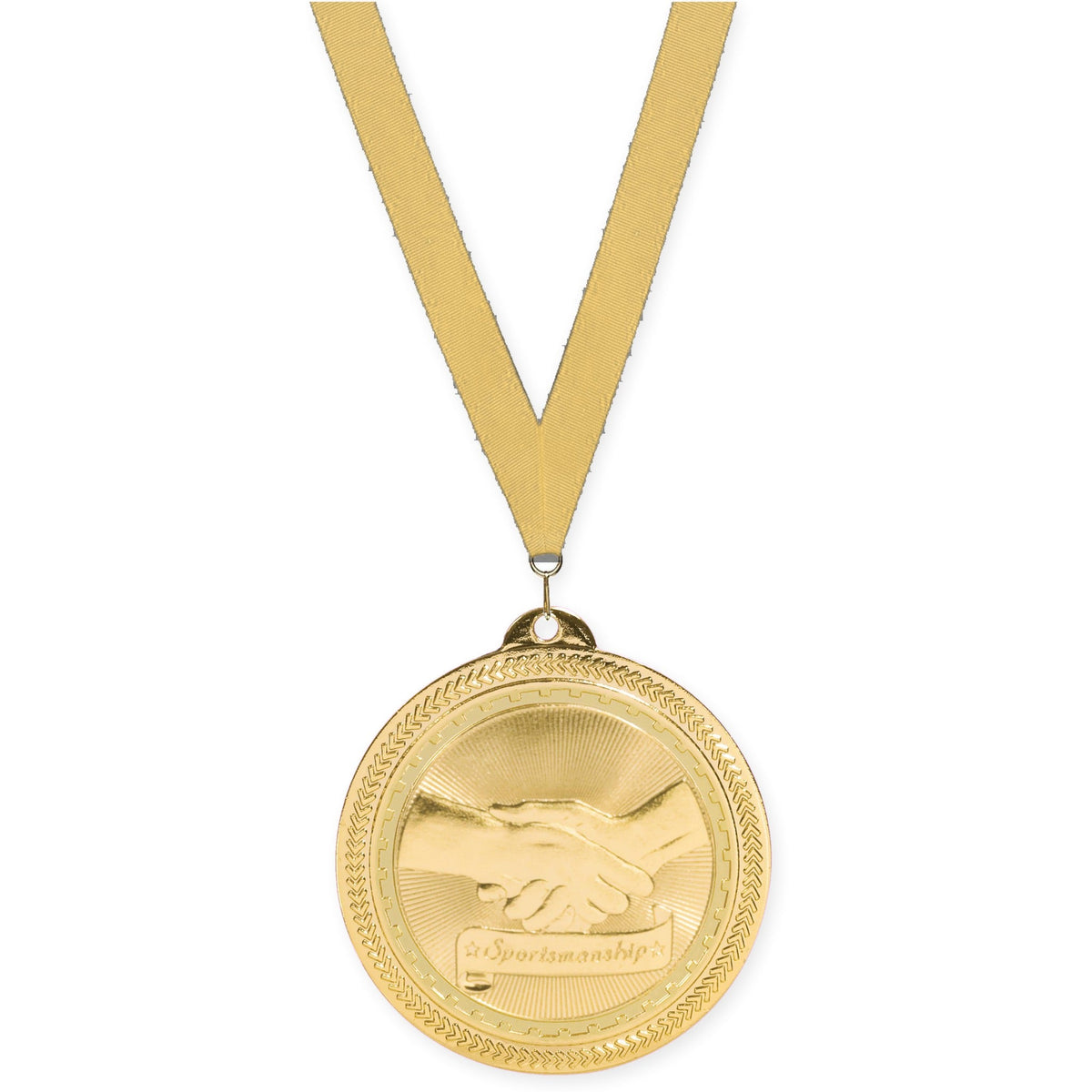 2 inch Sportsmanship Sunburst medal in bright gold with Gold Metallic neck ribbon
