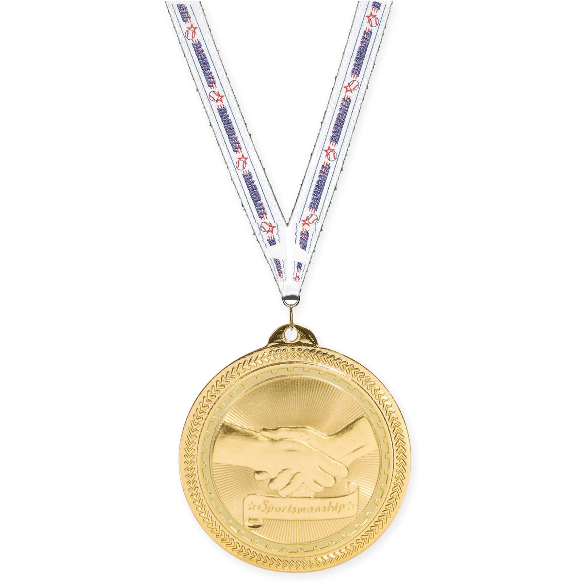 2 inch Sportsmanship Sunburst medal in bright gold with Baseball neck ribbon
