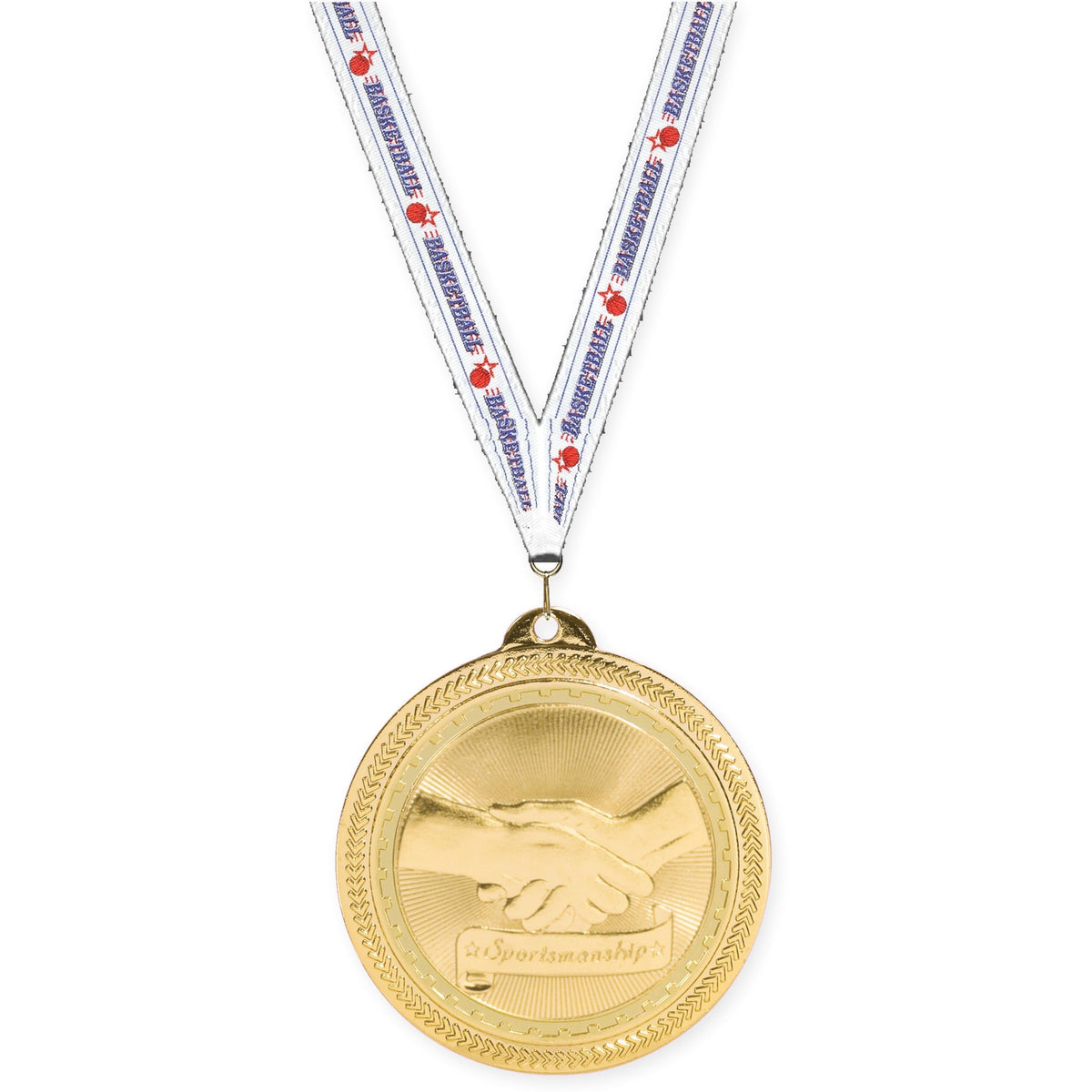2 inch Sportsmanship Sunburst medal in bright gold with Basketball neck ribbon