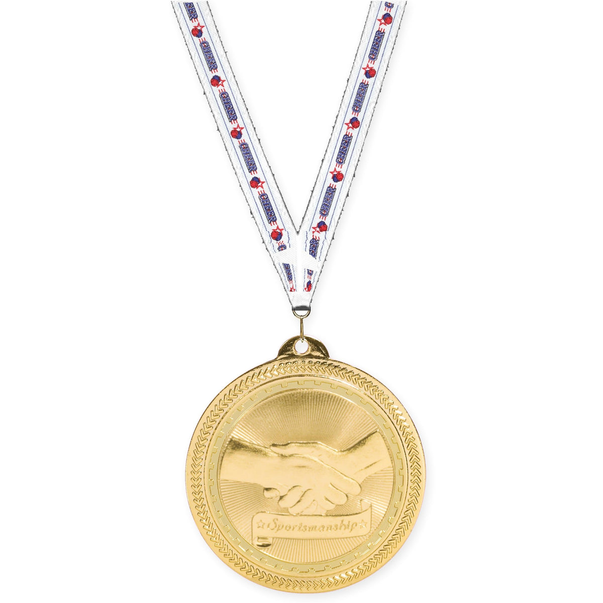 2 inch Sportsmanship Sunburst medal in bright gold with Cheerleading neck ribbon
