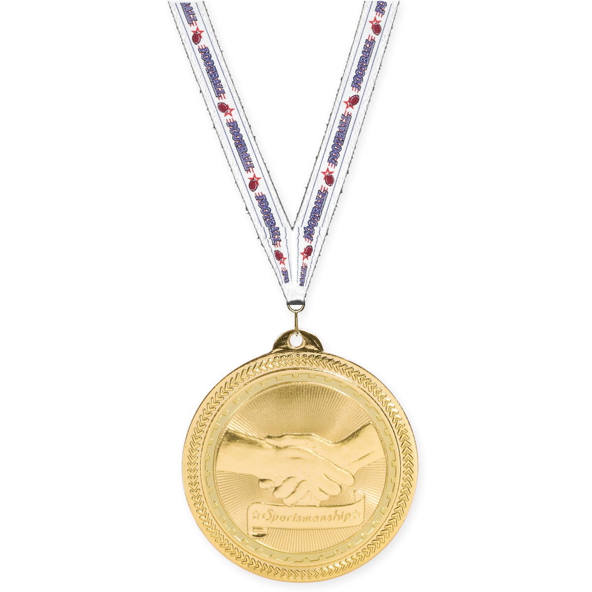 2 inch Sportsmanship Sunburst medal in bright gold with Football neck ribbon