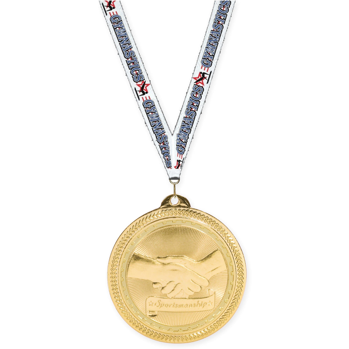 2 inch Sportsmanship Sunburst medal in bright gold with Gymnastics neck ribbon