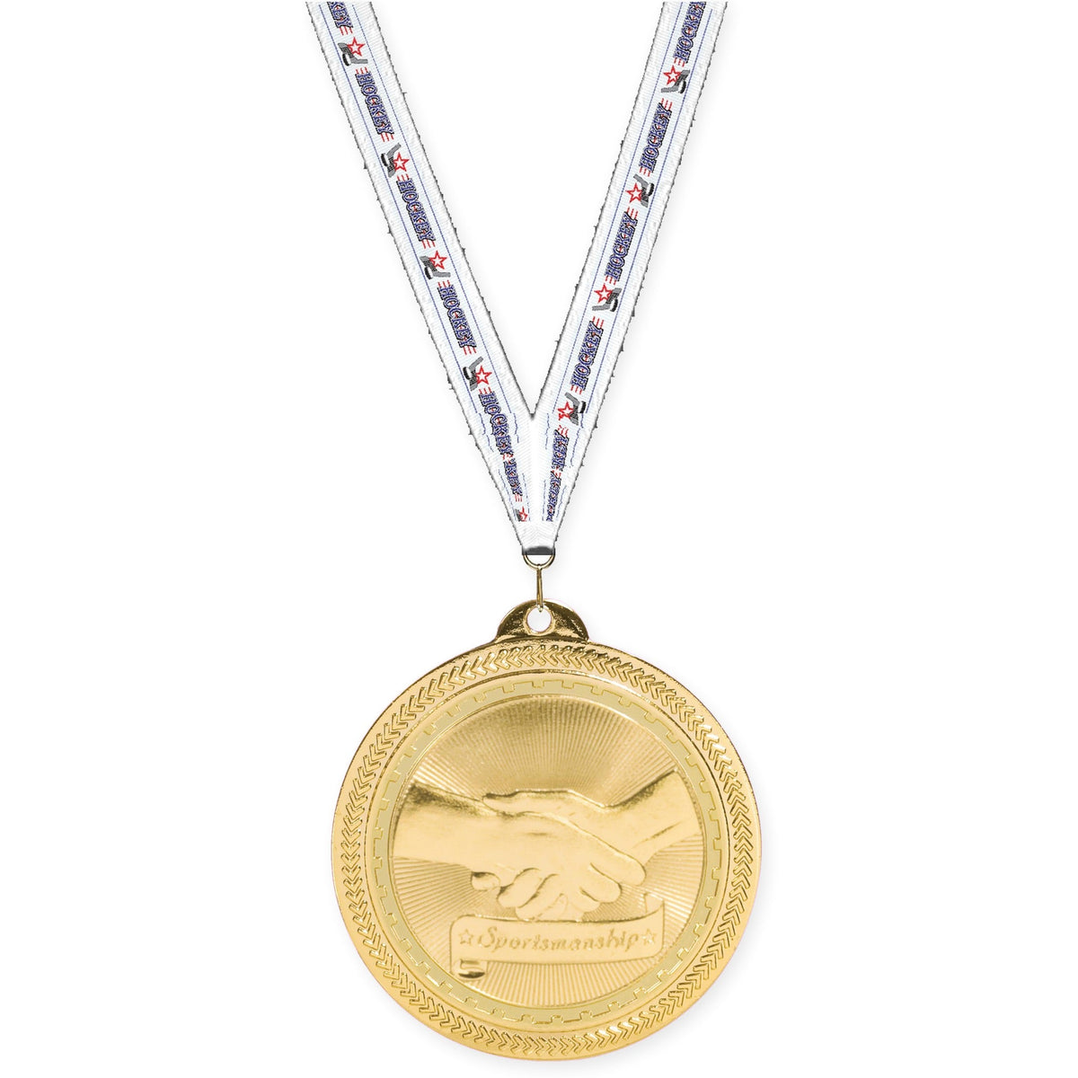 2 inch Sportsmanship Sunburst medal in bright gold with Hockey neck ribbon