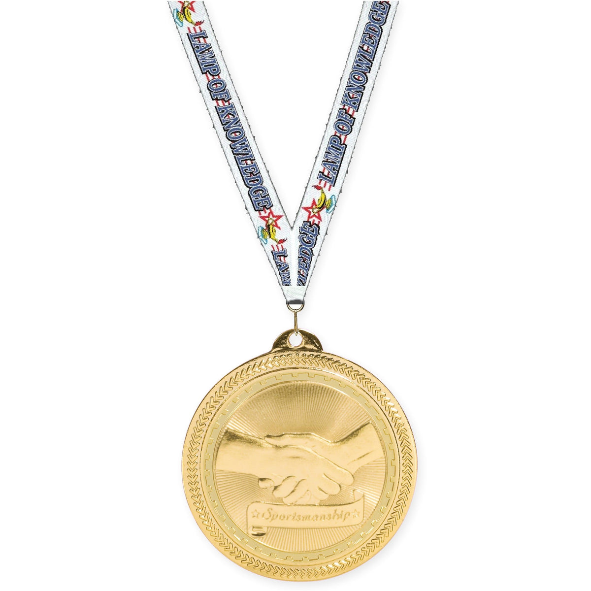 2 inch Sportsmanship Sunburst medal in bright gold with Lamp Of Knowledge neck ribbon