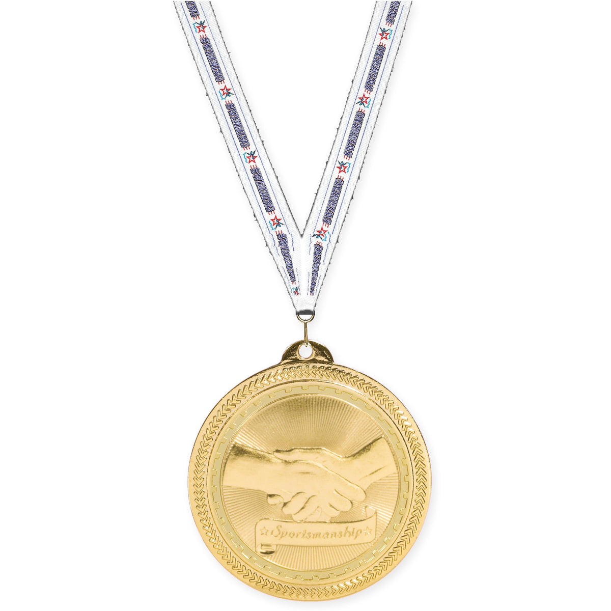 2 inch Sportsmanship Sunburst medal in bright gold with Swimming neck ribbon