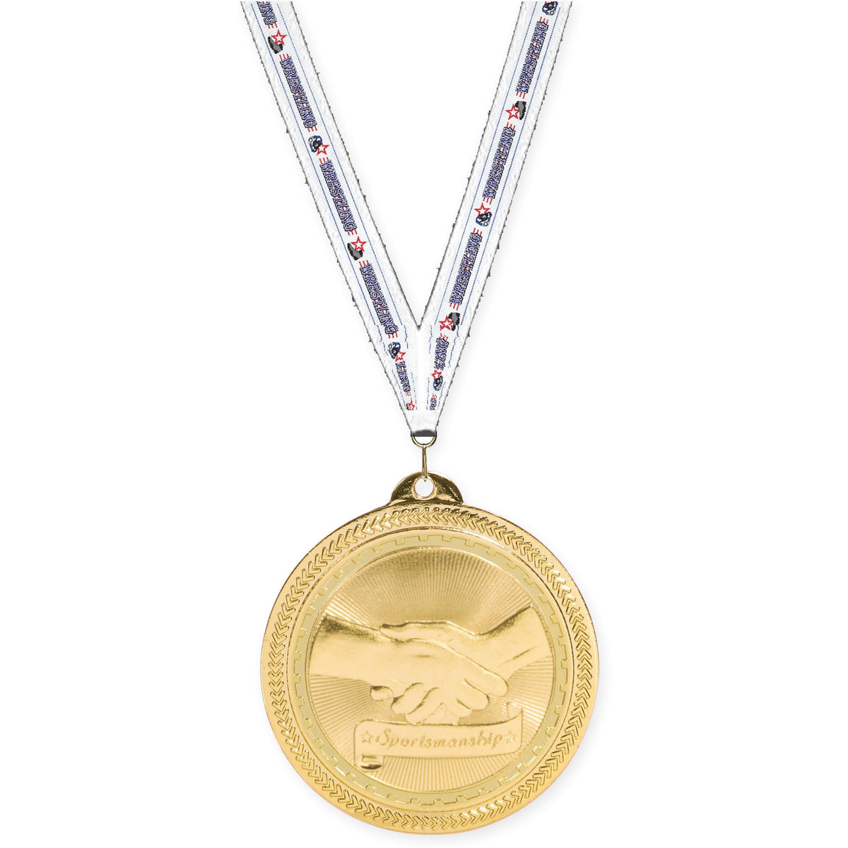 2 inch Sportsmanship Sunburst medal in bright gold with Wrestling neck ribbon