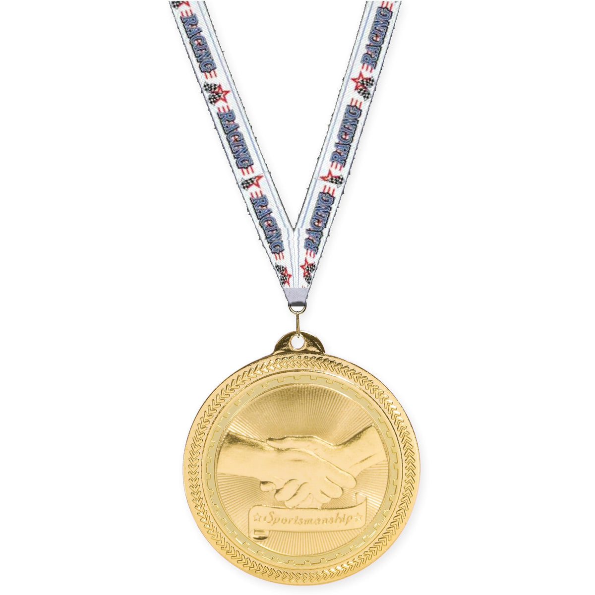 2 inch Sportsmanship Sunburst medal in bright gold with Auto Racing neck ribbon