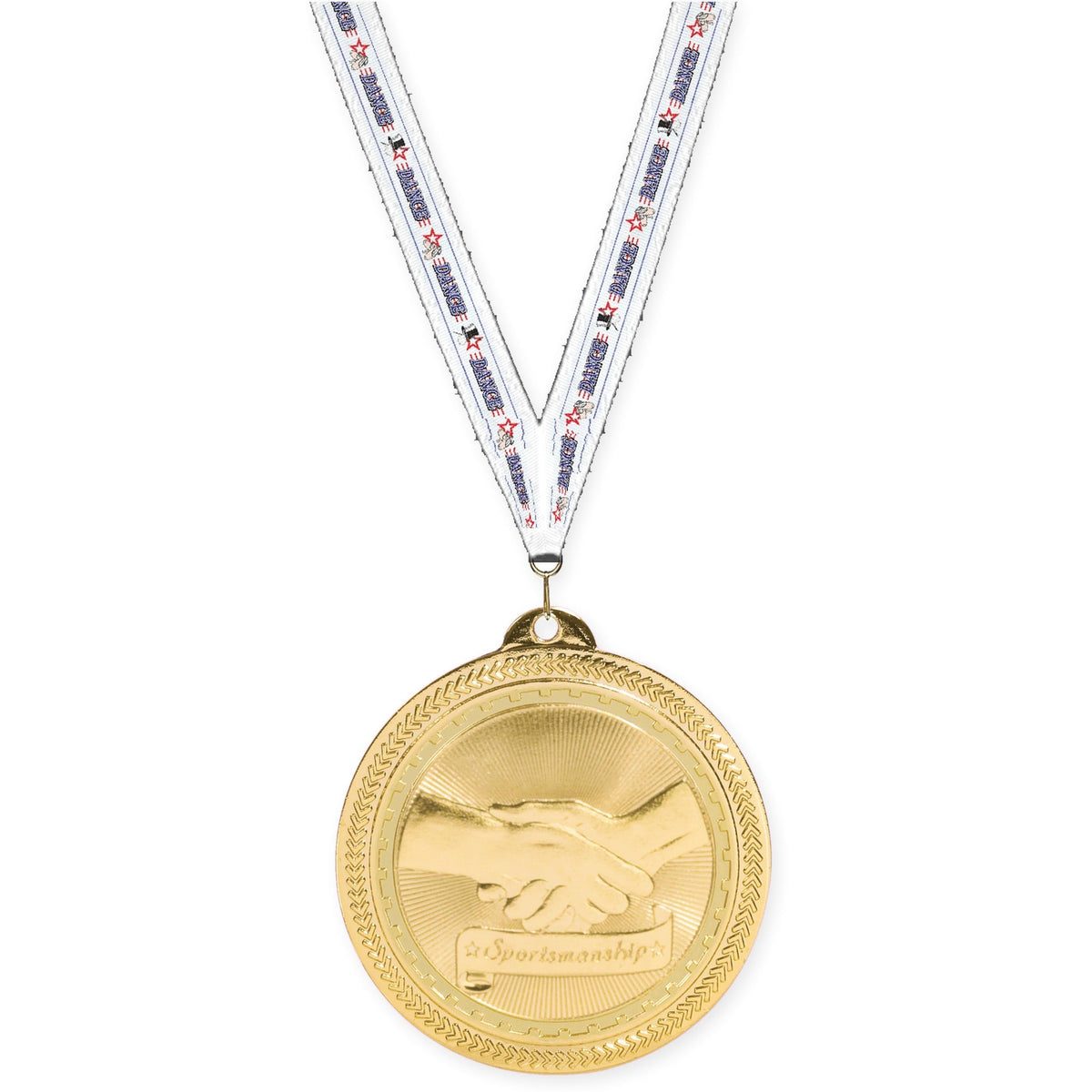 2 inch Sportsmanship Sunburst medal in bright gold with Dance neck ribbon