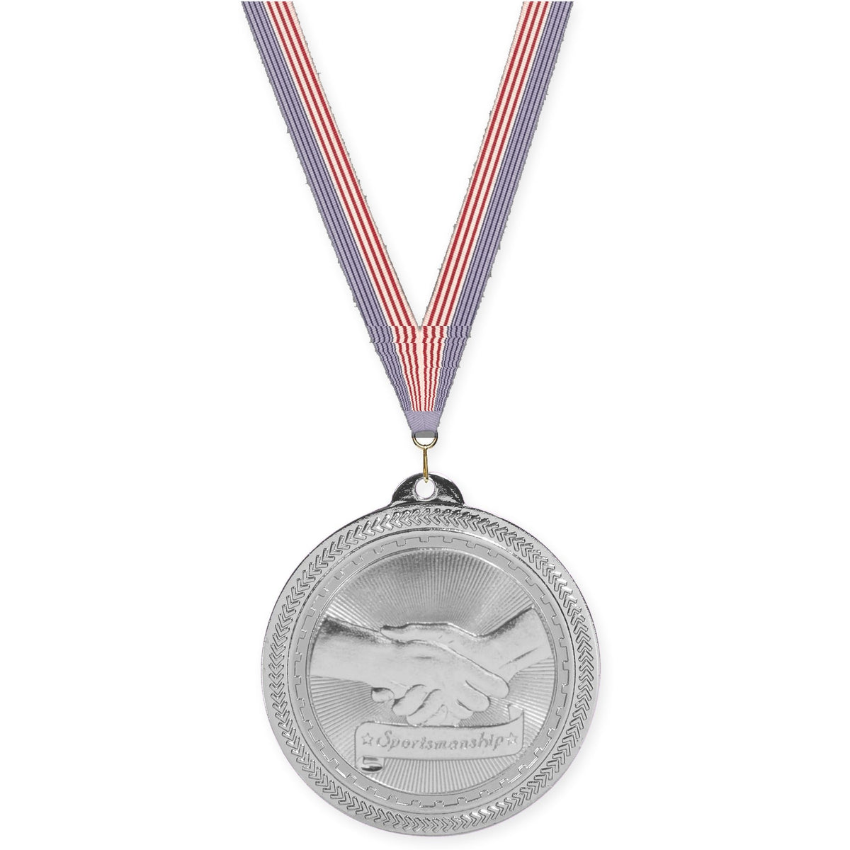 2 inch Sportsmanship Sunburst medal in bright silver with USA Flag neck ribbon