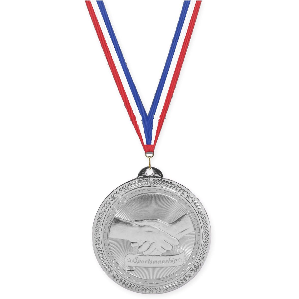 2 inch Sportsmanship Sunburst medal in bright silver with Red White Blue neck ribbon