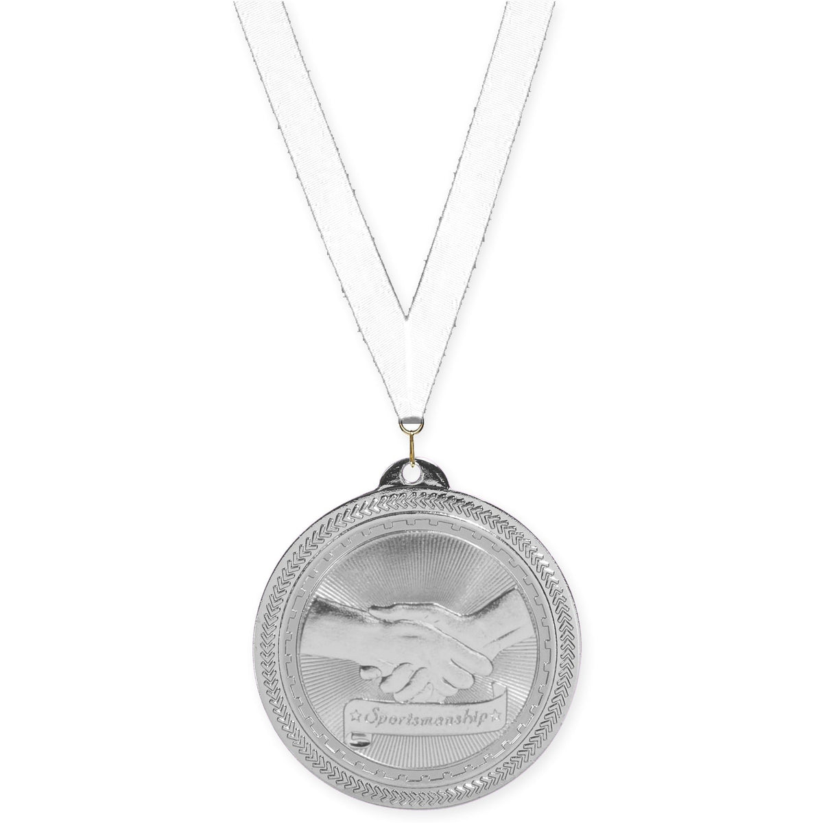 2 inch Sportsmanship Sunburst medal in bright silver with White neck ribbon